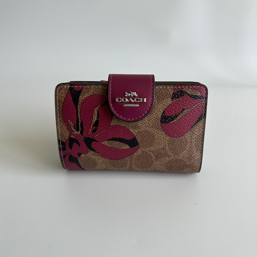 Coach Medium Corner Zip Wallet Khaki Fuchsia Floral Canvas Leather Excellent
